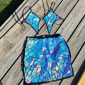 Holographic Mosaic Butterfly Top and Mini Skirt Set